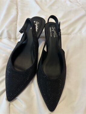 Black rhinestone embellished, sling back kitten heels, size 10 (My40)